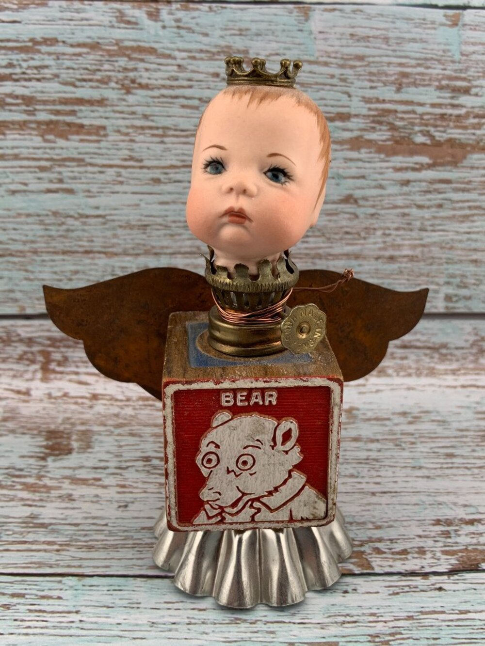 Bear King Angel Boy Assemblage Art Statue Childs Block Doll Head